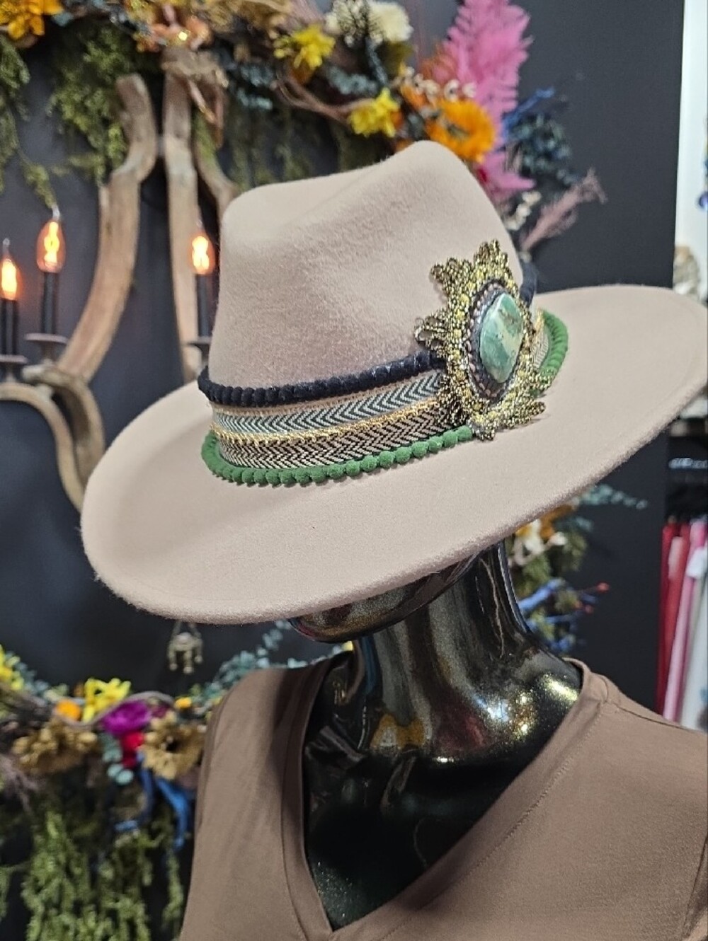 OOAK Beige Felt Fedora with Turquoise Stone and Various Trim Accents.